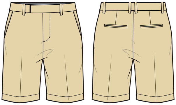 Men's chino suit shorts flat sketch fashion illustration with  front and back view. twill Shorts vector template