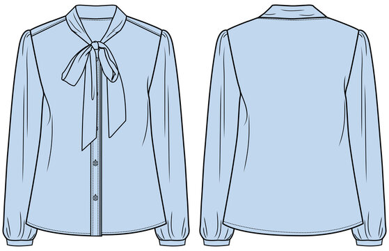 Women bow blouse with v neck details design flat sketch fashion illustration with front and back view. Casual wear blouse drawing vector template