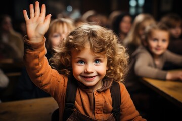 Educational Engagement: Inquisitive Children Raise Hands to Share in the Classroom