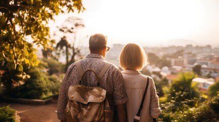 A senior couple, dressed in casual travel attire, are seen from the back, carrying backpacks and looking out at a city scene in the distance at a hill or a viewing platform.