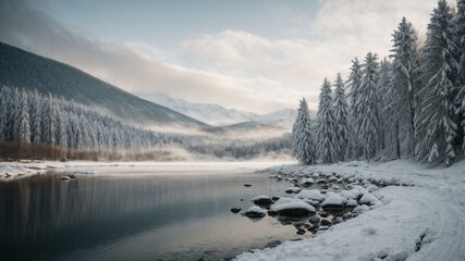 Beautiful winter landscape in the mountains. Lake in the mountains.