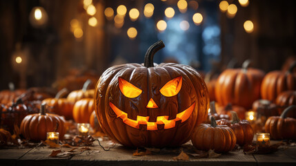 A pumpkin lantern with a sinister grin, positioned on wooden planks