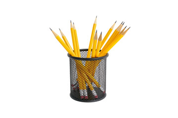 Pen holder full of pencils on isolated background