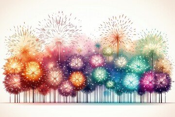 In an abstract festive background image set against a white backdrop, colorful fireworks bursting with vibrancy, adding a celebratory ambiance to the scene. Illustration