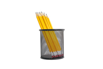 Pen holder full of pencils on isolated background