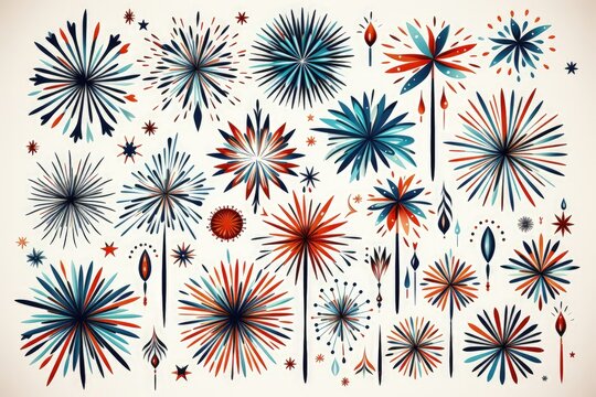 An abstract festive background image set against a white backdrop, displaying colorful fireworks patterns, creating a vibrant and celebratory atmosphere. Illustration