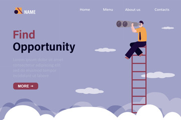 Find opportunity, landing page template. Confident businessman climb up ladder and uses spyglass for new job or career path. Ladder for business opportunity and goals. © Alina