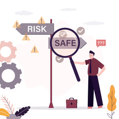 Businessman uses magnifying glass and make decisions and choices. Way of life and career. choose path of risk or safety. Risk management, Smart man thinking about select right way.