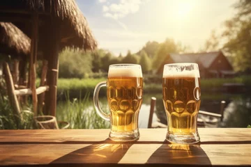 Bokeh background of street festival beer, outdoor.  A mug of beer in the countryside background. Happy life. Idyllic concept. © radekcho