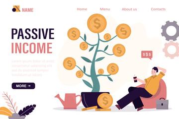 Money tree brings high earnings. Passive income, male investor relaxes and looks at growth of money plant. Businessman receives dividends, payments, royalties.