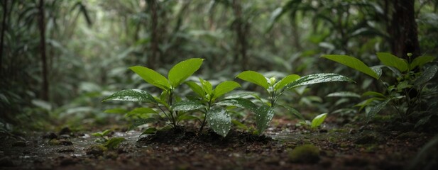 Small coca plant in the rain forest. Small coca seedling in a densed jungle. Generative AI.