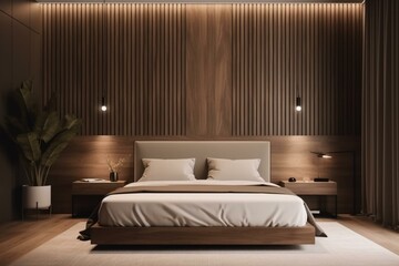 Contemporary bedroom decor with wooden panel wall, cove light, nightstand, warm tones, hotel concept. Generative AI