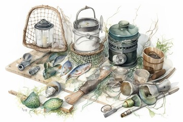 A framed watercolor drawing featuring fishing bobblers, fish, buckets, clover leaves, fishing nets, fishing line, and bait cans on a white background. Angling gear for a photo frame. Generative AI - obrazy, fototapety, plakaty