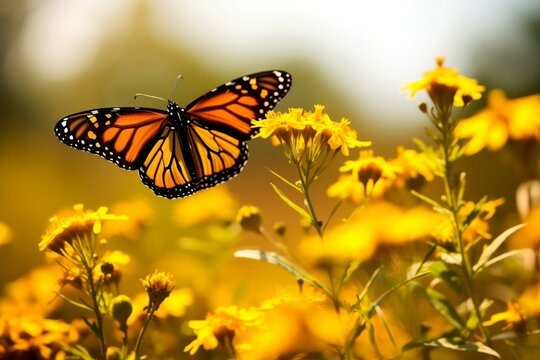 Summer monarch butterfly on flower collecting nectar. Generative AI