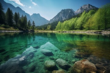 Mountainous lake scenery. Generative AI