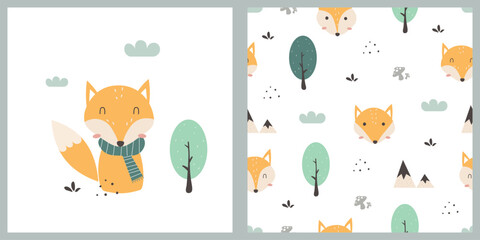 Cute cartoon and seamless pattern with fox and forest. Cartoon animal background. Animal illustration. For print, fabric, wallpaper, wrapping, poster