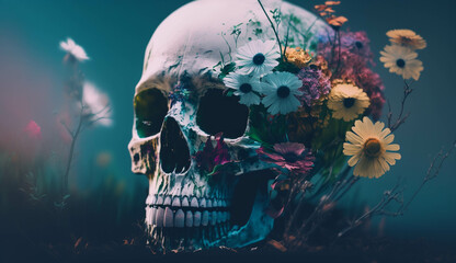 Human skull with flowers on blue background. Dark art.