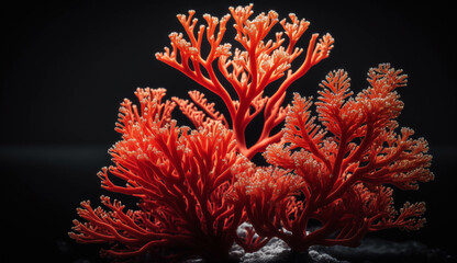 Beautiful red coral on black background. Illuminated with the contour light. 