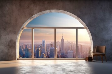 Contemporary display area with blank frame and cityscape view through a large window. 3D visualization. Generative AI