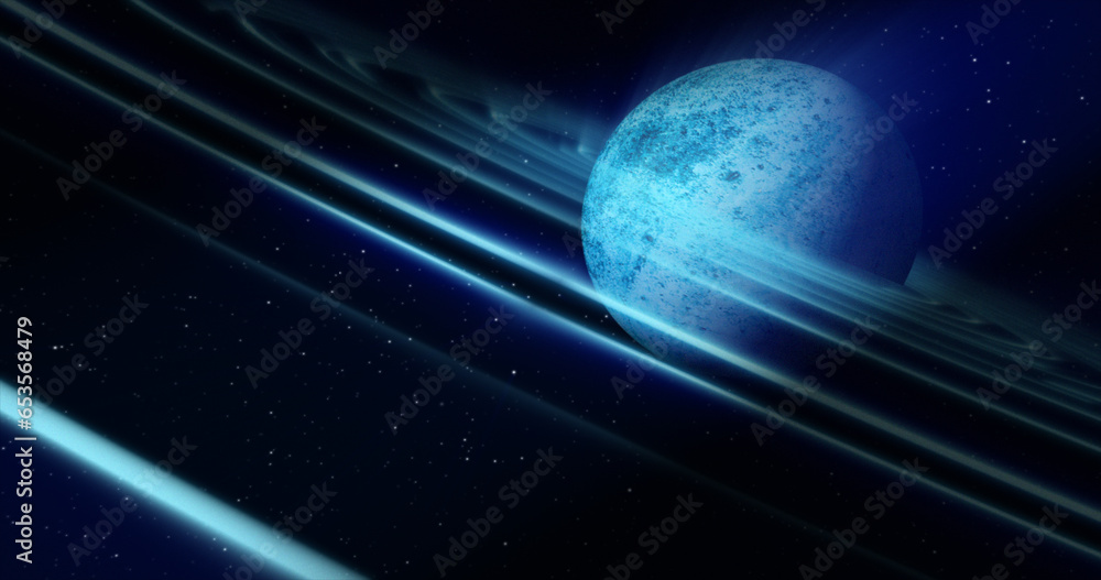 Poster abstract blue space planet with a round asteroid belt ring futuristic hi-tech on the background of s