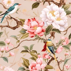 Fototapeten chinoiserie style classic pink camellia with bird turquoise background in mural painting seamless pattern © Wipada