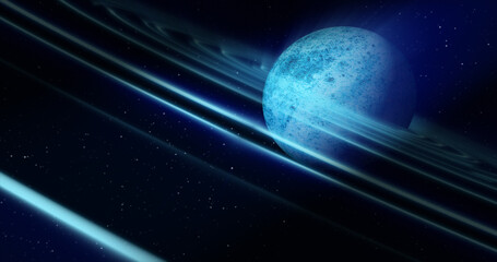 Abstract blue space planet with a round asteroid belt ring futuristic hi-tech on the background of stars in open space