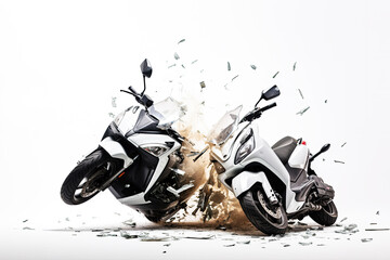 realistic set up photography of a white Motorcycle accident violently facing each other on isolated white background - 653568495