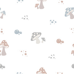 Cute seamless pattern with mushroom. Doodle cartoon. Vector illustration, for print, fabric, wallpaper, wrapping, poster