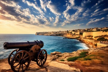 Fototapeta na wymiar Coastline with historic cannon in Malta. Generative AI
