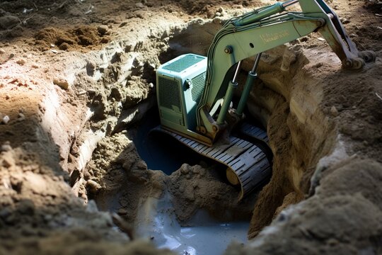 A bucket excavator creates a cavity for plumbing pipeline and septic system. Generative AI