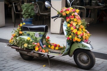 Scooter adorned with flowers, sustainable transport. Generative AI