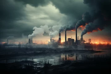 Zelfklevend Fotobehang Industrial landscape with smoke emitting from chimneys. Generative AI © Ebrahim