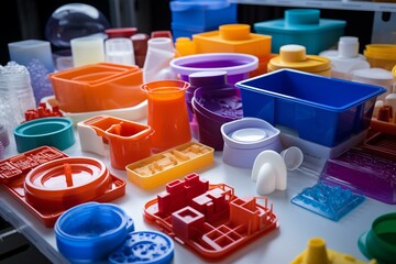 3D mold, plastic, resin, cups, boxes, toolboxes. Production process for plastic mold using injection molding machine and polymers. Generative AI - obrazy, fototapety, plakaty