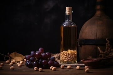 Glass bottle with grape alcohol beverage on a background of food and cork from a winery. Generative AI