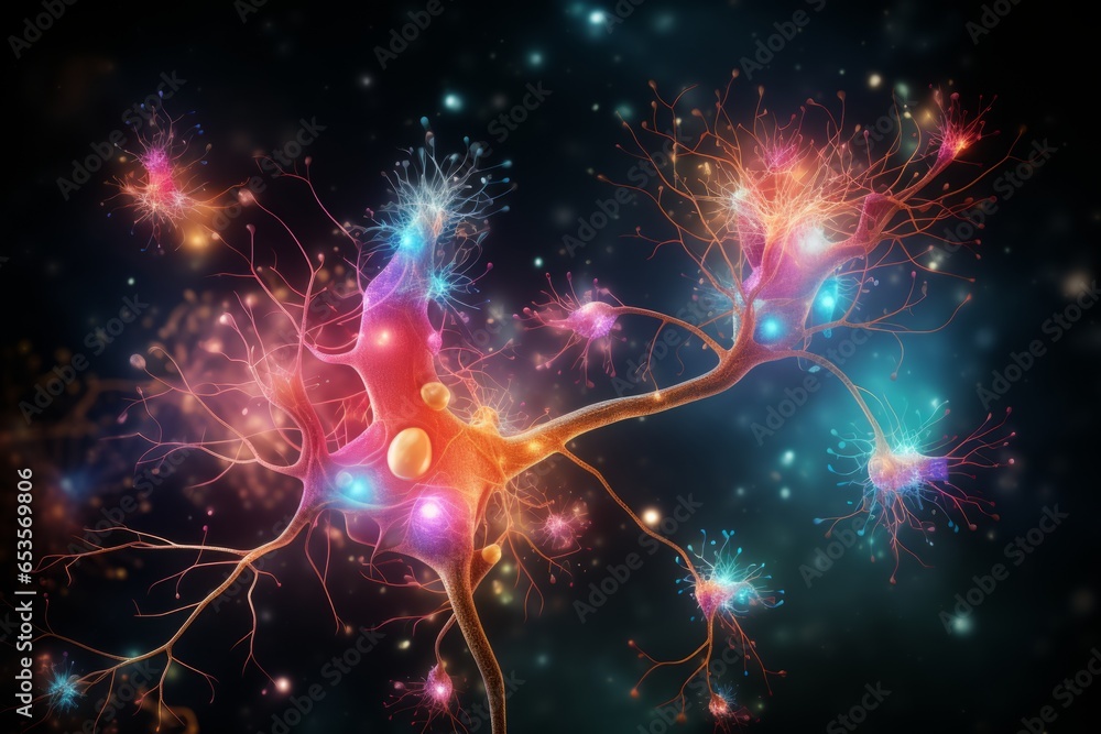 Wall mural neuron cells neural network under microscope neuro research science brain signal information transfe
