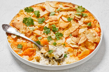 creamy cheesy chicken almond casserole, top view