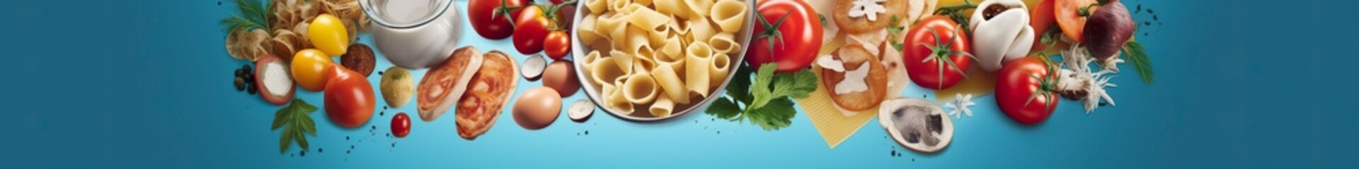 Web page banner of famous Italian food recipes on clean blue background.  - obrazy, fototapety, plakaty