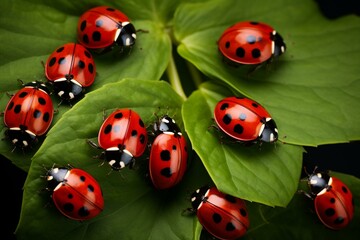 Several ladybugs resting on a lush leaf. Generative AI