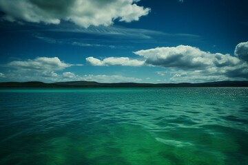 Background: green water, blue clouded skies. Generative AI