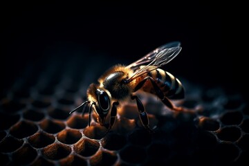 A bee sits on a honeycomb in the dark. Generative AI