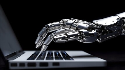 a robot hand is typing a laptop computer. generative ai
