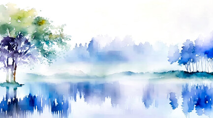 Watercolor sketch, white, blue, morning fog with ponds and trees. Generative AI