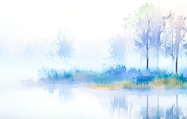 Watercolor sketch, white, blue, morning fog with ponds and trees. Generative AI