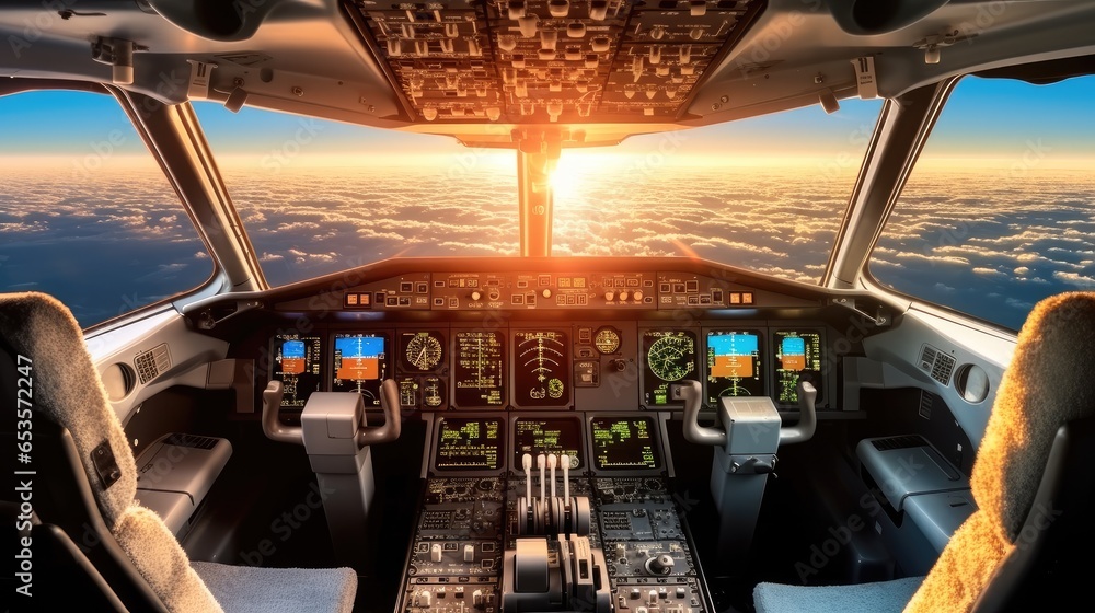 Poster controls and dashboards in the cockpit of an aircraft.