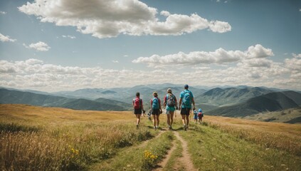 Family and friends hiking together in the mountains on a weekend trip. Take a walk amidst beautiful nature. Fields and hills with grass