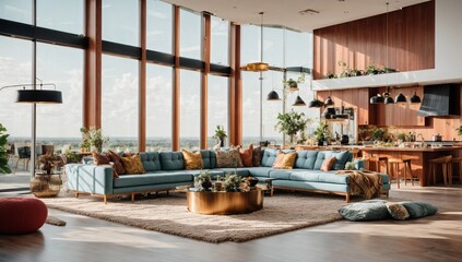 Interior of a beautiful living room in a new luxury home with an open floor plan. Showing off a spacious living room and wall of windows with a stunning exterior.