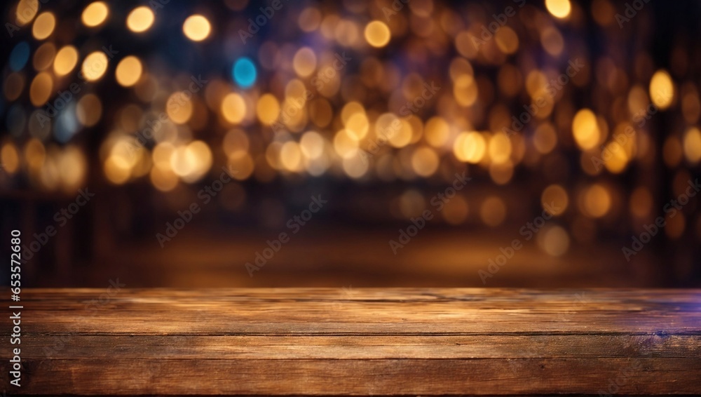 Poster empty brown wooden floor with blurred abstract night light bokeh background. copy space for displayi