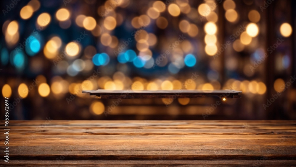 Poster empty brown wooden floor with blurred abstract night light bokeh background. copy space for displayi