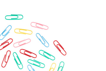 multicolored paper clips isolated on white background. close up