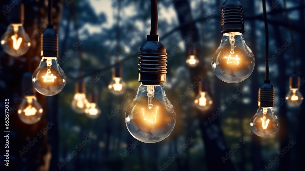 Poster glowing light bulb on tree branches in garden.